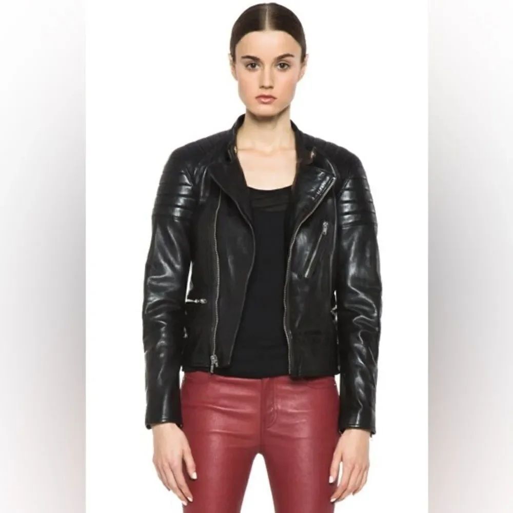 NWT Blk Dnm Padded Elbows Lambskin Leather Black Biker Jacket Size XS - Picture 3 of 11